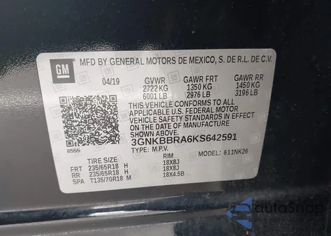 2019 Chevrolet Blazer из США, поврежденный, VIN 3GNKBBRA6KS642591